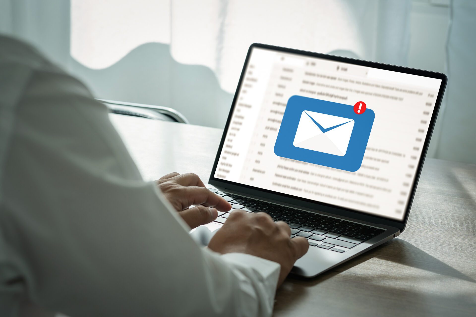 A laptop screen displays an email icon with an exclamation mark, symbolizing a phishing alert or suspicious email