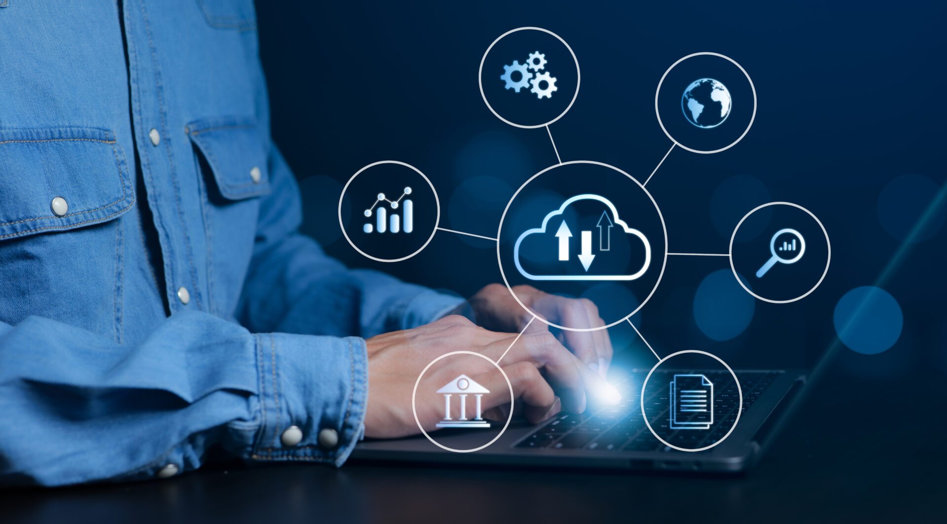 User interacts with a secure cloud-based IT system to manage business operations.