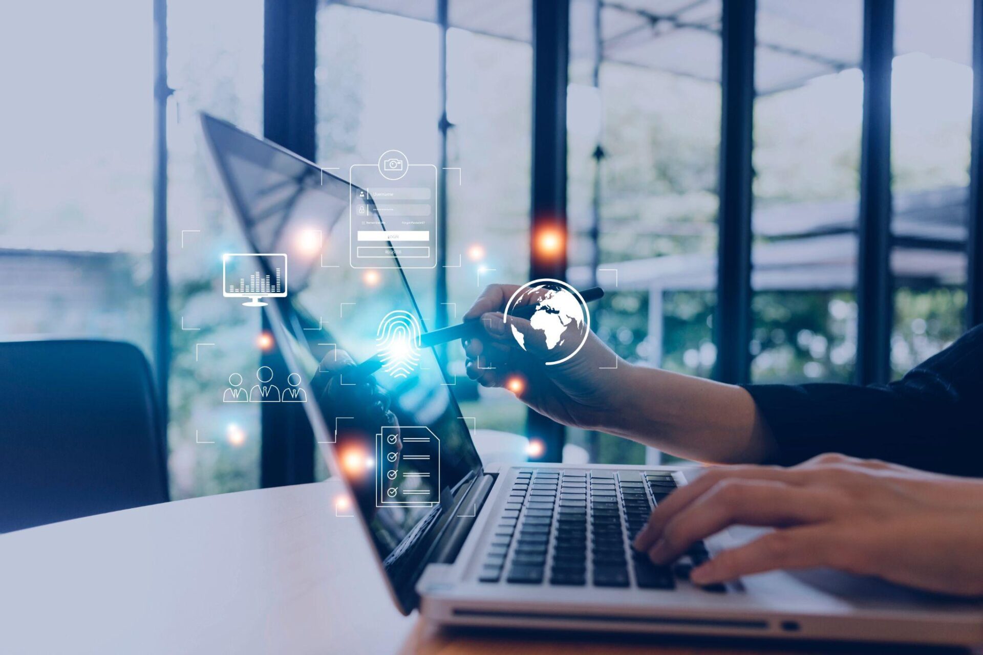 User addresses modern IT challenges through interactive security solutions on a laptop.