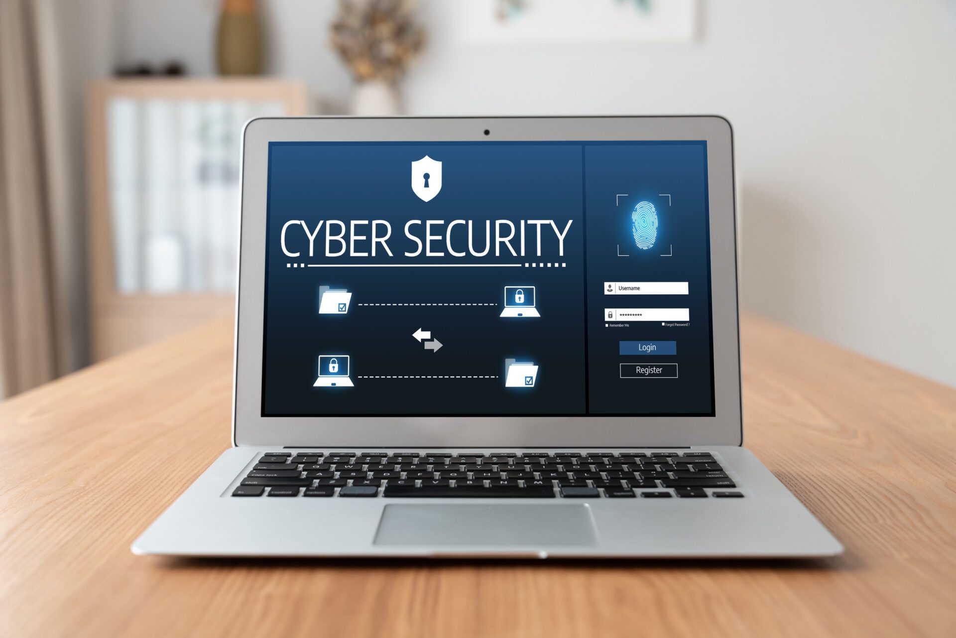 Laptop displaying a cybersecurity login screen with icons for secure file sharing and fingerprint access.